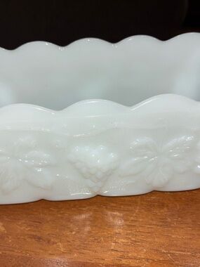 Fire King White Milk Glass Scalloped Edge Bowl with Grape Motif planter